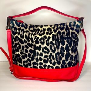 COACH Parker Ocelot Print Hobo Black Red Multi Nylon Leather Handbag